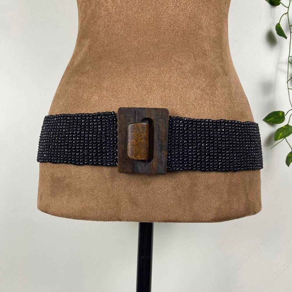 Boho indie handmade bead belt wooden interlocking buckle rectangle black earthy